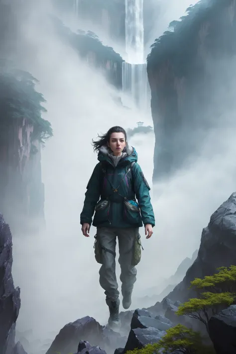 (Style-Volumetric:1.3) dramatic pov, artistic portrait, digital painting of a woman wearing explorer clothes, tactical gear, n a colorful tropical jungle, waterfall and large boulders, (foreground:1.3), color grading (masterpiece) (best quality) (detailed)...