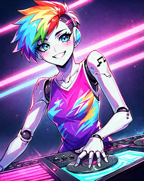 source_anime, robot skin, score_9, score_8, score_7, score_6, robot girl, android, colorful  outfit, rainbow hair, pixie cut, robot joints, freckles, petite, android girl, joints, blushing, earphones, dj, turntable, neon lights, lasers, music, smiling, dan...