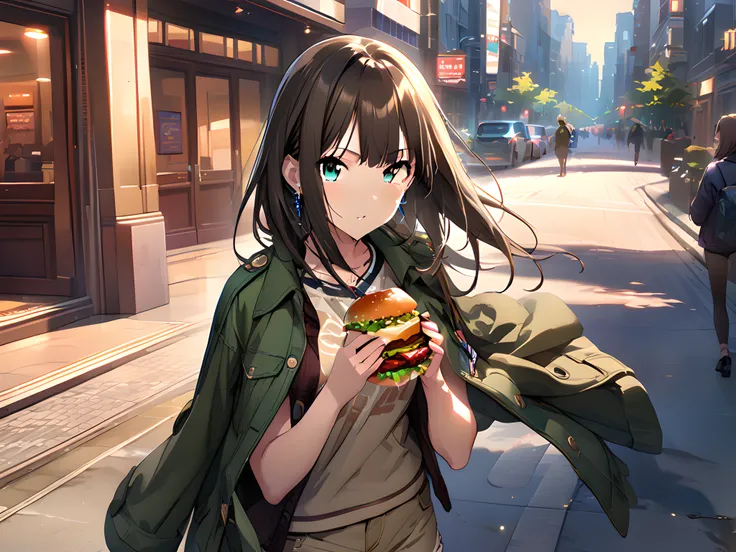 (masterpiece),(best quality),(ultra-detailed),(best illustration),(best shadow),(absurdres),(detailed background),(very aesthetic),rin shibuya, , casualoutfit, 1girl, solo, long hair, jacket on shoulders, burger, jewelry, food, brown hair, jacket, shorts <...