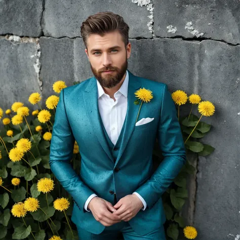 RAW photo, (((((drone shot from above)))), full body portrait of a beautiful man with a beard in a grey suite, he stands at a wall, dandelions grow below his shoes in the cracked sidewalk, full sharp, detailed face, blue eyes, (high detailed skin:1.2), 8k ...