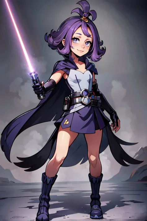 ((masterpiece,best quality)),     ,<lora:LightSaber:0.8>, zzLightSaber, gloves,  boots, elbow gloves, belt,  cape,     <lora:Acerola_Pokemon:0.8>, acerola (pokemon), purple hair, purple hair, topknot, flipped hair, smile, looking at viewer,