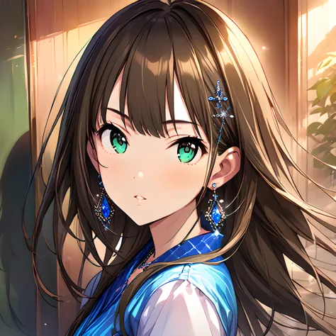 (masterpiece),(best quality),(ultra-detailed),(best illustration),(best shadow),(absurdres),(detailed background),(very aesthetic),  rin shibuya, 1girl, solo, brown hair, jewelry, long hair, earrings, looking at viewer, green eyes, parted lips, hair orname...