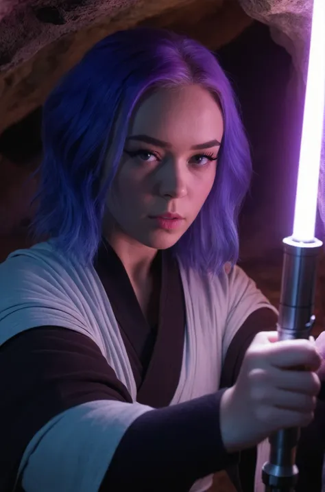 female Jedi with light-saber in a cave, purple hair <lora:M4rt1n4:1> m4rt1n4, high detail, ziprealism