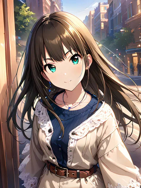 (masterpiece),(best quality),(ultra-detailed),(best illustration),(best shadow),(absurdres),(detailed background),(very aesthetic),rin shibuya, , casualoutfit, 1girl, solo, long hair, jewelry, brown hair, necklace, belt, smile, green eyes, looking at viewe...