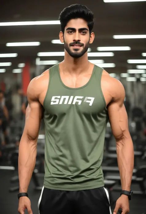 4k, Sacha Dhawan a man <lora:Rishabh-Jaiswal_Sacha-Dhawan:0.75> in the gym, sweaty, muscular, abs, pecs, slight smile, back to camera, flexing, guys in the background admiring him.