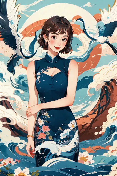 ((masterpiece)), best quality, perfect anatomy,8K wallpaper,
mChinaChic, 1girl, crane (animal), waves, water pattern, brown hair, red lips, short hair, curls, earrings, sleeveless, leaf, smile, smoke, blush, china dress,sleeveless dress,blue dress, haircli...