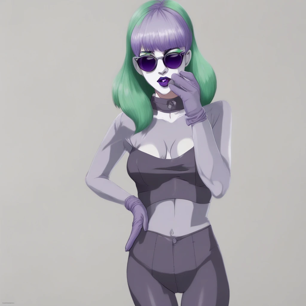 open mouth, gloves, sunglasses, greyscale, pantyhose, full body, purple lips, green hair, 1girl