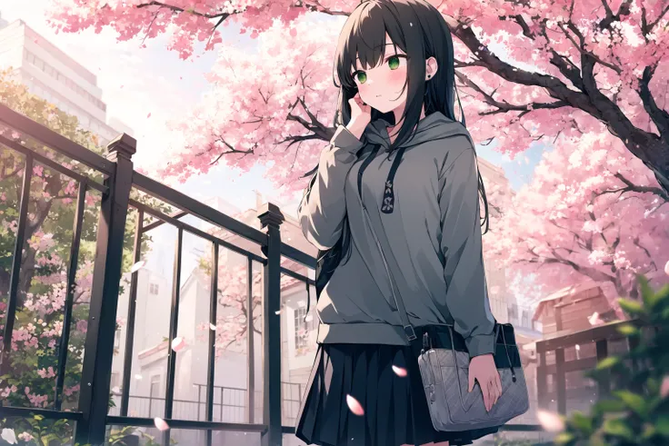 1girl,solo,cherry blossoms,long hair,skirt,outdoors,bag,hood,bottle,earphones,railing,hood down,pleated skirt,hoodie,black skirt,black hair,bangs,blurry,standing,grey hoodie,water bottle,branch,spring (season),earbuds,green eyes,jacket,long sleeves,day,pet...