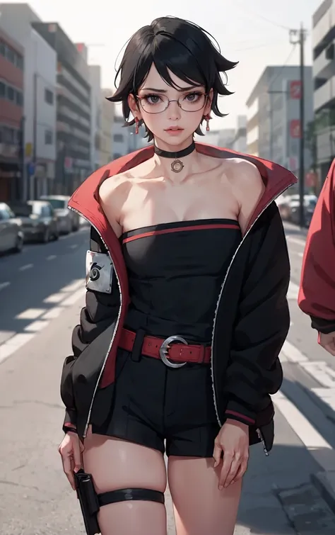 BARUTO_Timeskip_Uchiha_Sarada_ownwaifu, hand in pocket, 
1girl, glasses, round eyewear, black hair, black eyes, bangs, swept bangs, short hair, lips, medium breasts, thighs,
black choker, earrings, jewelry, strapless, off shoulder, collarbone, red belt, op...