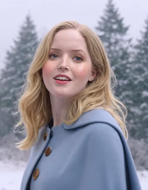 Ellie Bamber, in her solo state, radiates a captivating presence as she stands alone against a realistic winter backdrop of snow-capped trees and the grey sky, her blonde hair gently dancing with the breeze, her blue eyes piercing through the viewer as she...