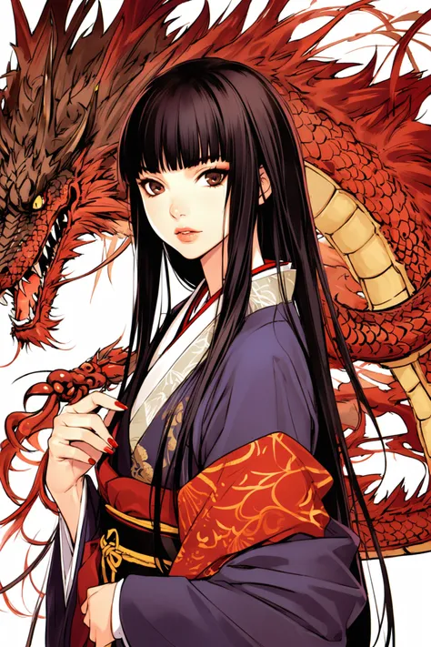 1girl,solo,japanese clothes,long hair,black hair,red nails,kimono,dragon,nail polish,blunt bangs,brown eyes,bangs,hime cut,white background,lips,eastern dragon,simple background,<lora:Takeshi Kazaki_XL:0.8>,