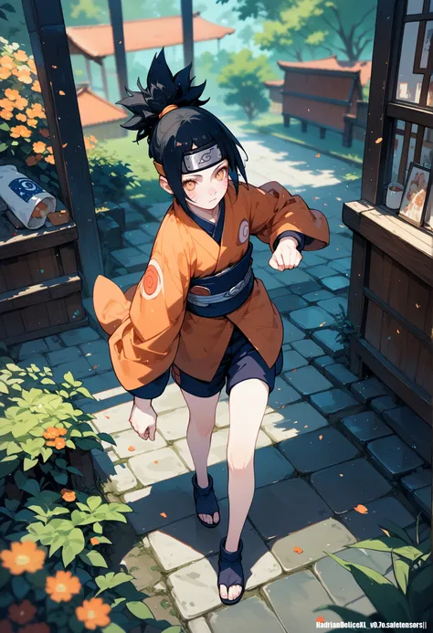 (score_10,score_9_up,score_8_up,score_7_up), hadrian, naruto style female character,standing,full body,bare legs,cool pose,naruto style village,dynamic pose,from above,depth of field,