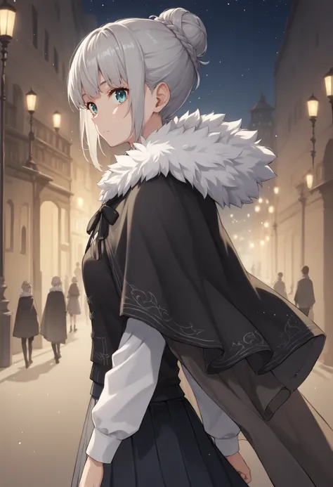 1girl, grey hair, long hair, single hair bun, french braid, sidelocks, aqua eyes, capelet, cape, fur trim, white shirt, vest, pleated skirt, long sleeves, expressionless, walking, night, outdoors, city, night sky, light, form behind, looking at viewer, upp...