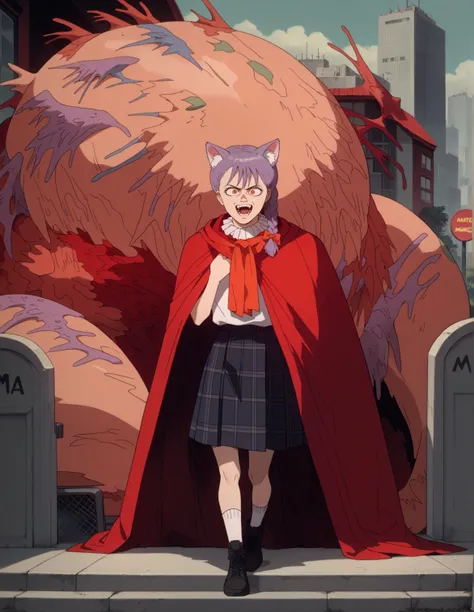 ZKZRZ, score_9, score_8_up, score_7_up, score_6_up, source_anime, monster, 1girl, catgirl, mcdonalds, orange eyes, crazy, side braid, bright purple hair, red cape, kilt, neck ruff, cane, outdoors, graveyard, white animal ear fluff, indoors