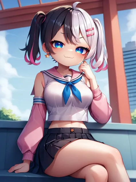 best quality,score_9,score_8_up,score_7_up,score_6_up,rating_explicit,source_anime,original_art (high quality,detailed,beautiful) BREAK,solo,1girl, solo, multicolored hair, virtual youtuber, blue eyes, twintails, crop top, skirt, black hair, looking at vie...