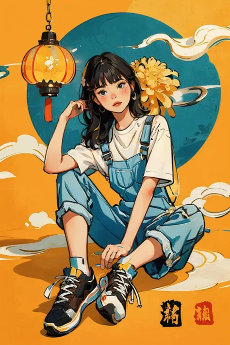 ((masterpiece)), best quality, perfect anatomy,8K wallpaper,
mChinaChic, 1girl, solo, brown hair, long hair, flower, chrysanthemum, white sneakers, white shirt, bangs, short sleeves, blush, sitting on ground, paper lantern, wide shot, full body, knees up, ...