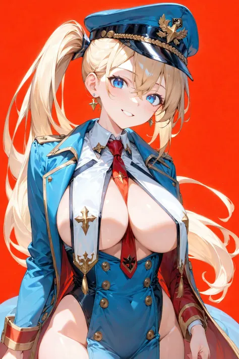 score_9, score_8_up, score_7_up, masterpiece, best quality, 1girl, military, smile, armor, simple background, red background, uniform, blue eyes, jacket, large breasts, open clothes, breast curtains, necktie, military uniform, blonde hair, hat, peaked cap,...