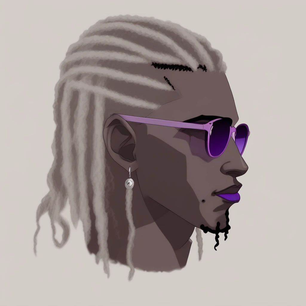 purple eyes, greyscale, profile, sunglasses, hair behind ear, parted lips, off shoulder, dark-skinned male, dreadlocks