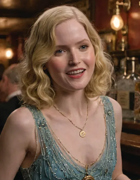 Ellie Bamber, a solo and enchanting blonde with long curls cascading down her back in a realistic 1920s flapper dress, stands out at the bar amidst the bustling speakeasy, with blue eyes gazing directly at the viewer as she smiles parting her lips to revea...