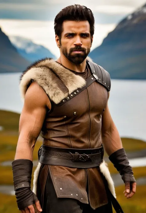 Ultra-detail, (highres:1.1), best quality, (masterpiece:1.3), mike vogel a man <lora:Rithvik-Dhanjani_Mike-Vogel:1>, a Viking warrior prince wearing fur and leather armor rags rising above a battlefield, scales, handsome 23yo Norway male model, dynamic pos...