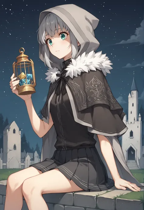 1girl, grey hair, long hair, single hair bun, french braid, sidelocks, aqua eyes, hood, hood up, capelet, cape, fur trim, white shirt, vest, pleated skirt, boots, night, night sky, outdoors, graveyard, castle, sitting, cowboy shot, holding, cage, cube  <lo...