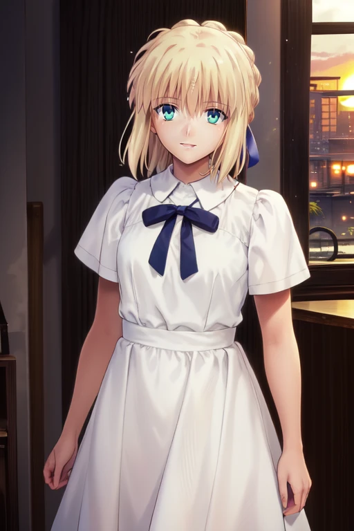 (masterpiece,best quality),cyclone (reizei), 1girl, solo, <lora:cyclone:1>,parted lips, dutch angle,
 <lora:saber_v1_pro_phSaber:0.8>,phSaber,white shirt, blue dress, cowboy shot, indoors, sunset,looking at viewer, smile,