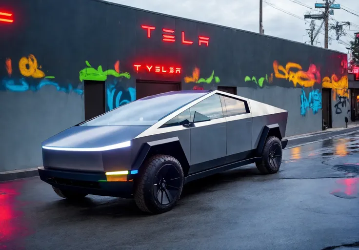 <lora:Tesla Cybertruck:0.9>,Tesla Cybertruck,Cyber ââpickup truck speeding on the highway, with cyberpunk graffiti on the body, bright and colorful background, neon lights at night,[LEDs:1.1],[lights],RTX reflections,water puddles,tyre smoke,