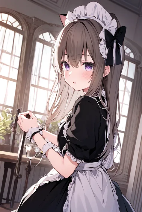 1girl,solo,animal ears,purple eyes,long hair,short sleeves,wrist cuffs,dress,cat ears,apron,bell,bow,maid,blush,bangs,hair between eyes,looking at viewer,white apron,black dress,frills,maid headdress,parted lips,jingle bell,puffy sleeves,hair bell,puffy sh...