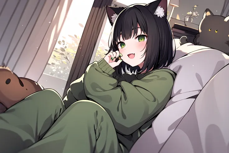 animal ears,1girl,cat ears,tail,cat tail,sleeves past wrists,black hair,green eyes,solo,cat girl,long sleeves,smile,sitting,bangs,nail polish,fang,open mouth,green nails,looking at viewer,blush,letterboxed,indoors,:d,curtains,pants,grey sweater,window,swea...