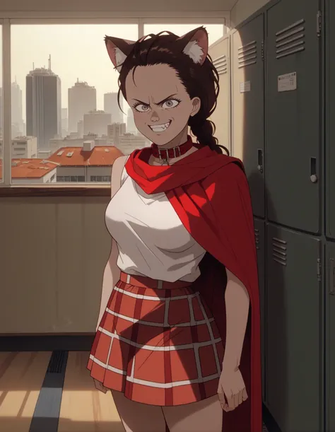 ZKZRZ, score_9, score_8_up, score_7_up, score_6_up, source_anime, 1girl, catgirl, grey eyes, evil grin, multi-tied hair, brown hair, red cape, plaid skirt, collar, locker, indoors, rooftop, white animal ear fluff, indoors