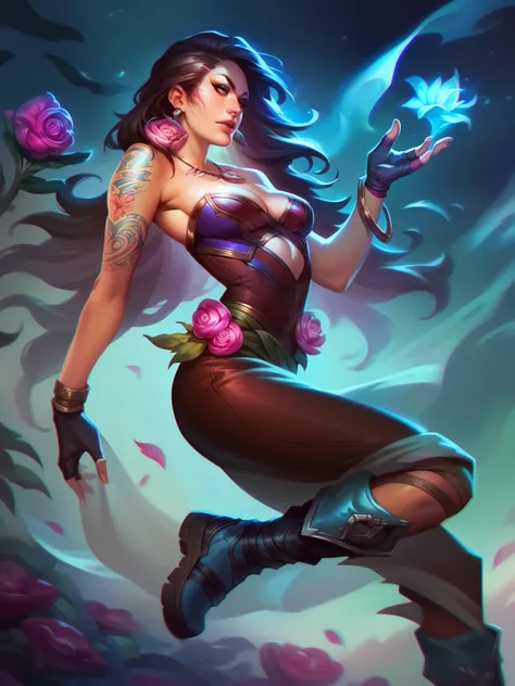 score_8_up, score_7_up, 1girl, boots, gloves, long hair, fingerless gloves, jewelry, tattoo, earrings, bracelet, necklace, solo focus, night, makeup, flower, <lora:sxz-smite-smol-pdxl:0.8> smite style, chromatic aberration, realistic