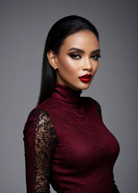 fashion editorial style, half body of A captivating masterpiece of an woman, (((dressed in a turtleneck Blouse))), The intricate lace and gold details exude a very rebellious aura. ((A bold and daring makeup look featuring ombre lips that transition from a...