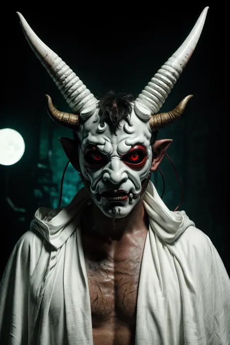 a demon mask with horns and a white robe , photo by Luigi Avantaggiato ,cyberpunk,  <lora:SDHK:0.75>