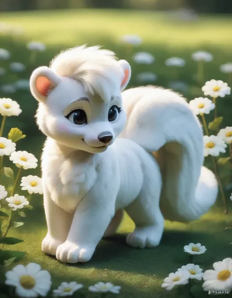 score_9, score_8_up, score_7_up, score_6_up, score_5_up, score_4_up, animal_focus, whimsical, soft_focus, creamy_white, skunk_like, plush_fur,  peaceful, meadow, wildflowers, dew, sunbeams, dappled_glow, cute, snuggly, adorable, serene