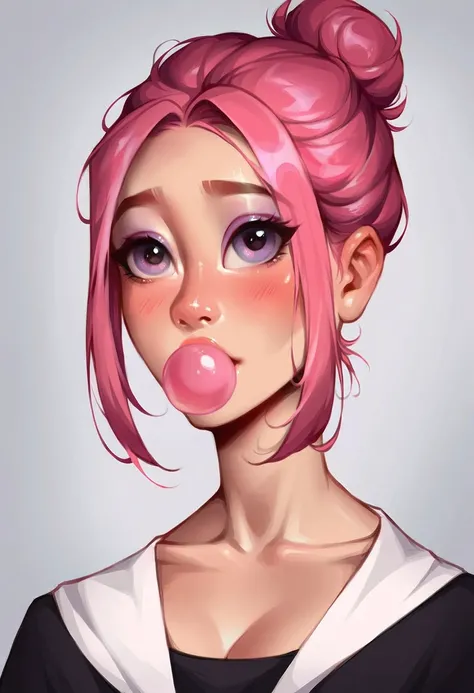 very beautiful and aesthetic, raw photo, realistic, score_9, score_8_up, score_7_up, score_6, score_5, score_4, rating_safe, dark theme, 1girl, A young Asian woman with chin-length, bubblegum pink hair styled in a messy bob fills the frame. Her large, roun...