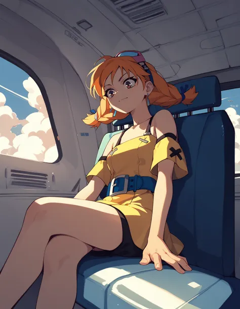 score_9,  score_8_up, score_7_up <lora:aika-arcadia-ponyxl-000035:1> aika, short dress, yellow dress, blue belt, short shorts, black shorts,
warplane interior, sitting, clouds, sun