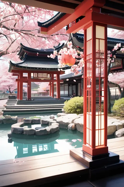 zPDXLrl, serene Japanese garden, cherry blossoms in full bloom, koi pond, footbridge, pagoda, pastel color scheme, soft lighting, golden hour, tranquil atmosphere, landscape orientation (zPDXL)