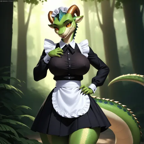 masterpiece, best quality, very aesthetic, ultra detailed, intricate details, 4k, anime style,
Lizardgirl, 1girl, solo, breasts, maid, maid headdress, maid apron, long sleeves, puffy long sleeves, skirt, lace, lace trim, tail under clothes, 
reptile girl, ...