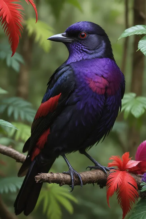 royalcore aesthetic there is a black bird with purple and red feathers sitting on a branch, an illustration of by victor noble rainbird, flickr, purple and scarlet colours, colorful plumage, rare bird in the jungle . regal, opulent, historical, rich colors...