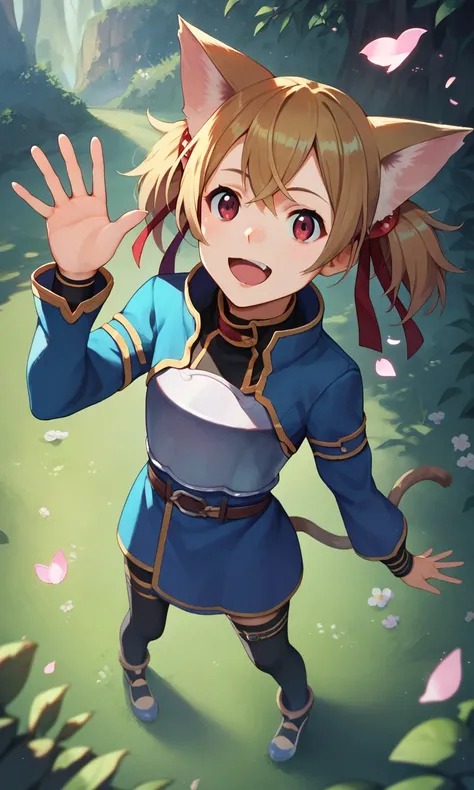 score_9, score_8_up, score_7_up, score_6_up, score_5_up, score_4_up, source_anime, BREAK 1girl, solo, silica-alo, red eyes, cat ears, short twintails, blue armor, waving, <lora:silica-000150:1.0>