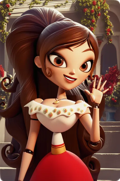 score_9, score_8_up, score_7_up, masterpiece, high quality
 <lora:Maria PosadaPonyLora:1> 1girl, very long hair, ponytail, necklace, joints, dress, cleavage, bare shoulders, off shoulder, standing in a small vilage in spain, waving with hand, smile