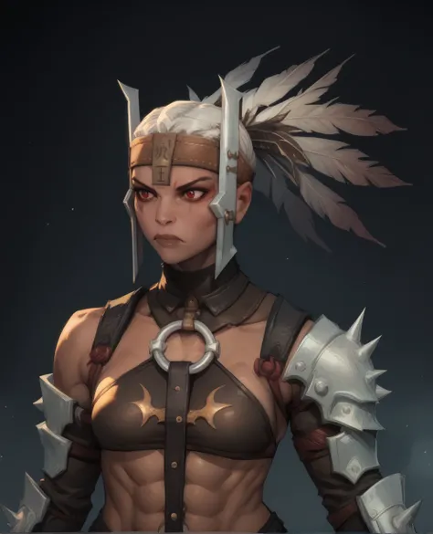 score_9,score_8_up,score_7_up,score_6_up,
ferraxl,white hair,ponytail,red eyes,facial mark,feather hair ornament,serious,
Armor,spikes,gauntlets,fingerless gloves,metal headband,o-ring bikini,toned,thighs,
standing,  upper body,  
night,dungeon,
<lora:ferr...