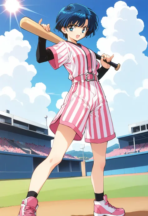 1girl, solo, full body, (field:1.2), (sky:1.2), (sunlight:1.2), serious, open mouth, baseball uniform, baseball bat, holding baseball bat, 
mitarai_kiyoko, blue eyes, blue hair, short hair, vertical stripes, pink striped shirt, pink striped  shorts, sports...