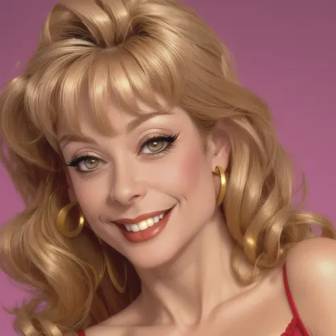 masterpiece  closeup portrait  of a sexy  slim young woman nina hartley in jeans, lookung left, sfw, high details, smiling and winking, gold earrings      <lora:nina_01-000009:1>