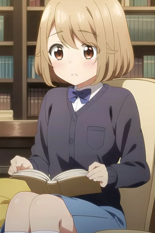 tsumugi tsutsumi, brown hair, short hair, brown eyes, (masterpiece),1girl, sitting in a chair, library, reading a book