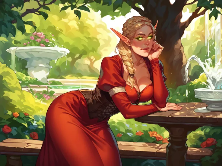 score_8_up, score_7_up, cowboy shot of elf woman sitting on bench in park, head rest, ornate red dress with green gems, corset, blonde, braid, glowing eyes, makeup, wide hips, tree, sunlight, flowers, fountain on background, fantasy, <lora:sxz-othalam-smol...