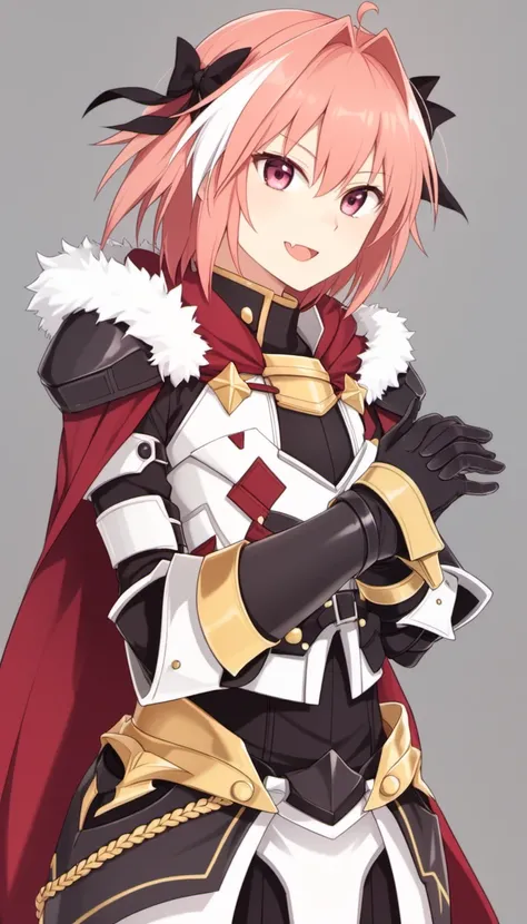 rs,masterpiece,best quality,<lora:astolfov2:1>,solo,grey_background,red_cloak,gorget,commentary_request,1boy,black_bow,otoko_no_ko,astolfo_(fate),armored_dress,gauntlets,hair_intakes,fang,closed_mouth,black_dress,looking_at_viewer,simple_background,smile,s...