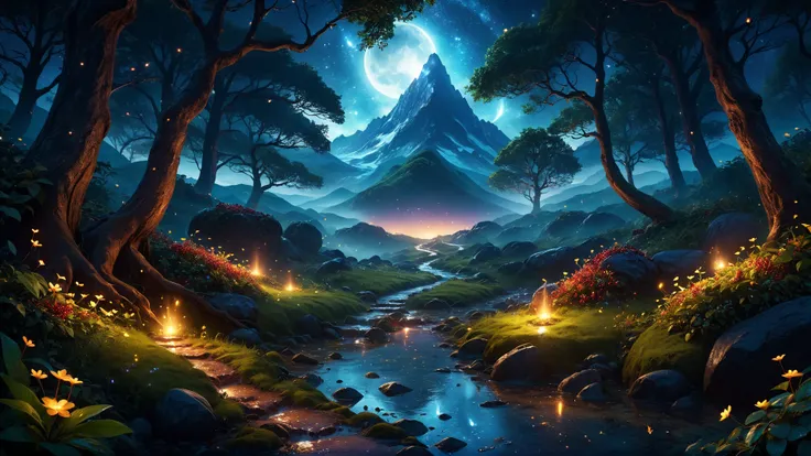 (photorealistic:1.2, Fujifilm XT3), cinematic composition, magnificent mystical landscape painting, high fantasy, fantasy landscape, mountain, forest path, night, fireflies, puddle,berries:0.3, epic fantasy art, abyssaltech, pure energy, magic, idyllic, <l...