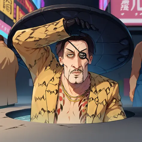 score_9, score_8_up, score_7_up,  1boy, Majima everywhere, manhole cover, arm up, <lora:Majima everywhere 3-000008:1>   majimaDEF, eyepatch, tattoo, necklace, jacket, animal print, open clothes, black gloves,  handsomize    <lora:majima-guy-PONYv1:1> <lora...