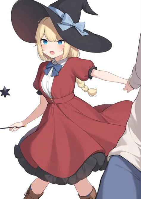 1girl, 
amashiro natsuki, 
open mouth, brown footwear, white background, blue socks, red dress, hat bow, blonde hair, short sleeves, boots, collared shirt, puffy short sleeves, puffy sleeves, black headwear, blue eyes, pants, shirt, blue pants, solo focus,...